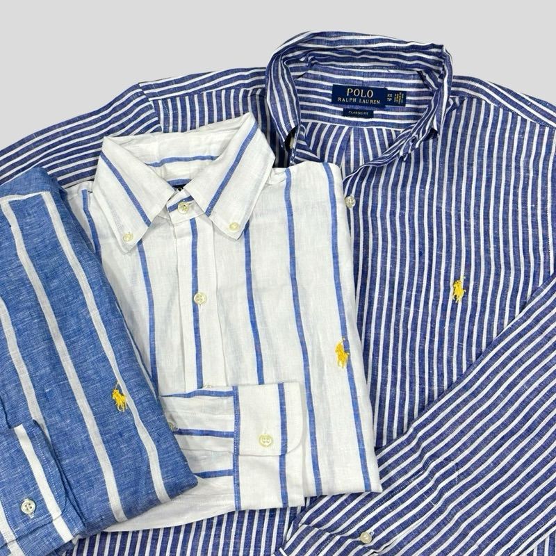 RL Shirt Linen navy white striped long sleeved *สินค้าพร้อมจัดส่ง