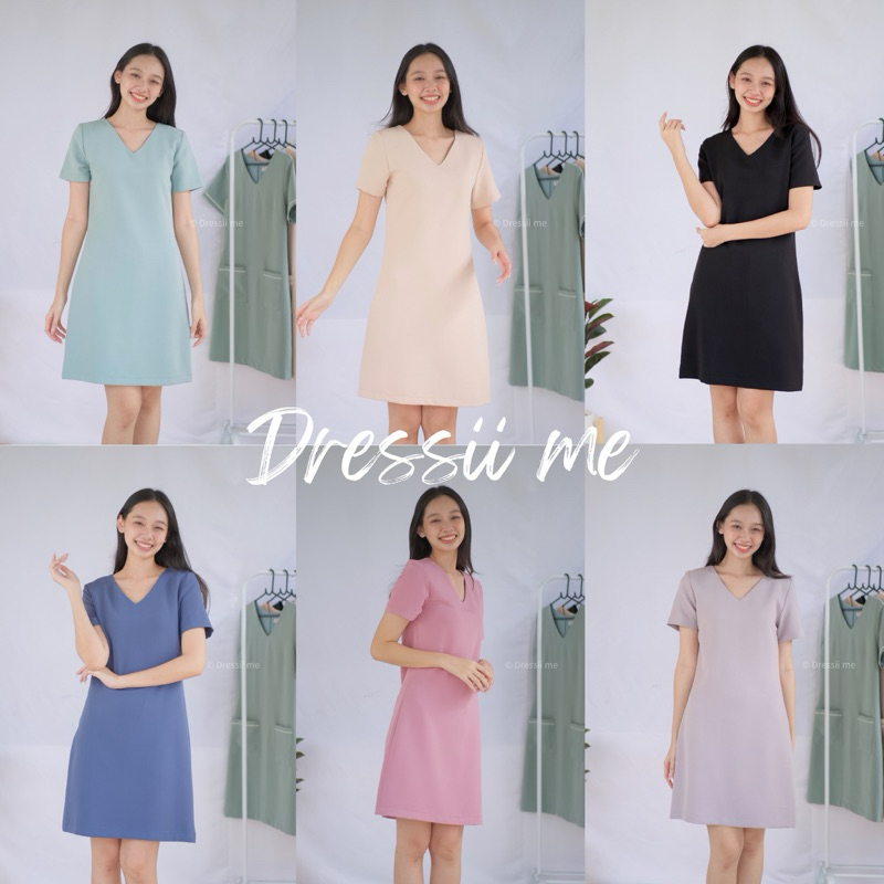 Dressii Me : V Dress -  ชุดเดรส ชุดทำงาน คอวี ทรงA มีไซด์ XS - XXL (อ่านรายละเอียดก่อน)