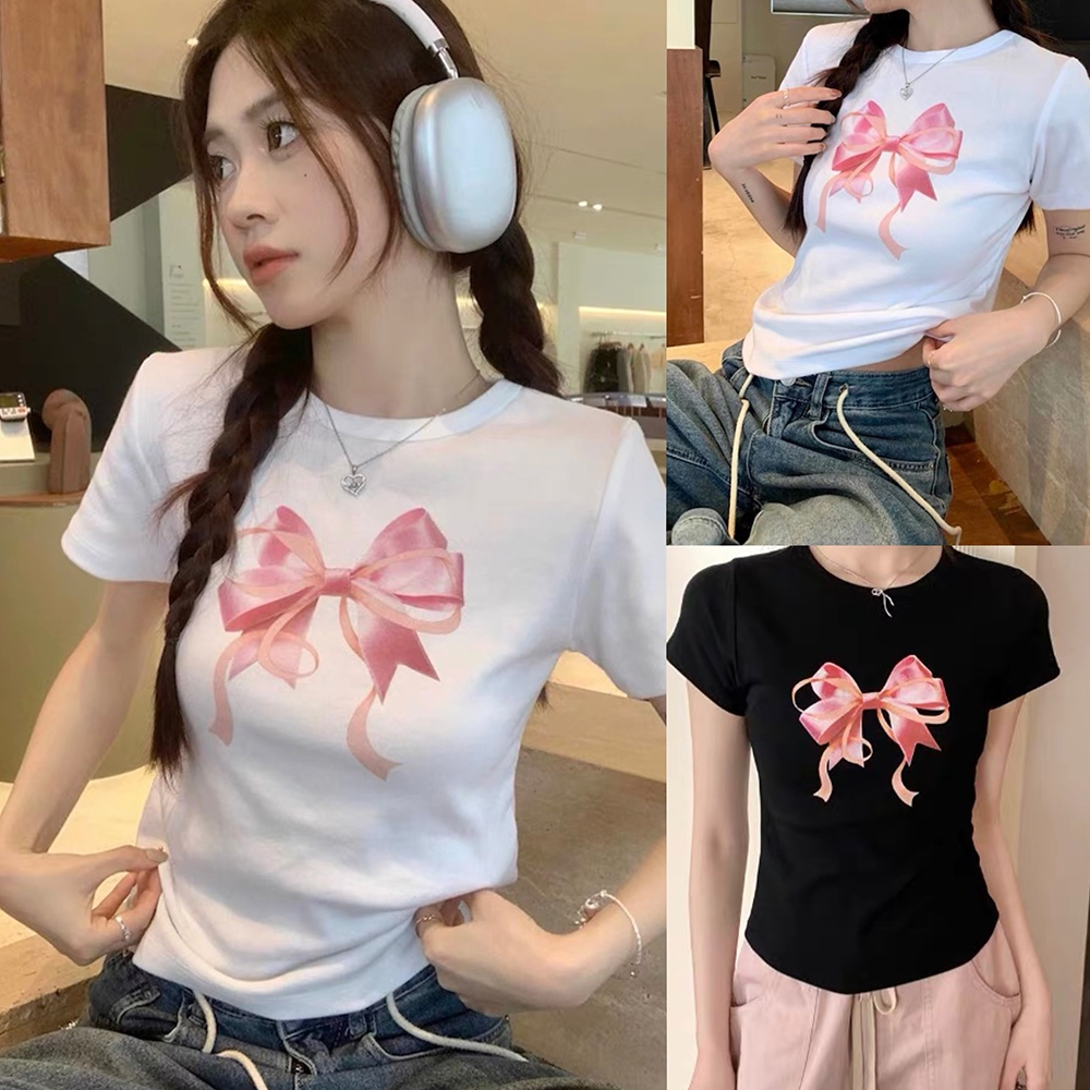 Beryl🌻เสื้อยืดแขนสั้นสไตล์เกาหลีหวานสำหรับผู้หญิง พิมพ์โบว์