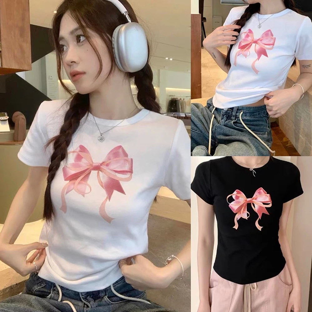 Beryl🌻เสื้อยืดแขนสั้นสไตล์เกาหลีหวานสำหรับผู้หญิง พิมพ์โบว์