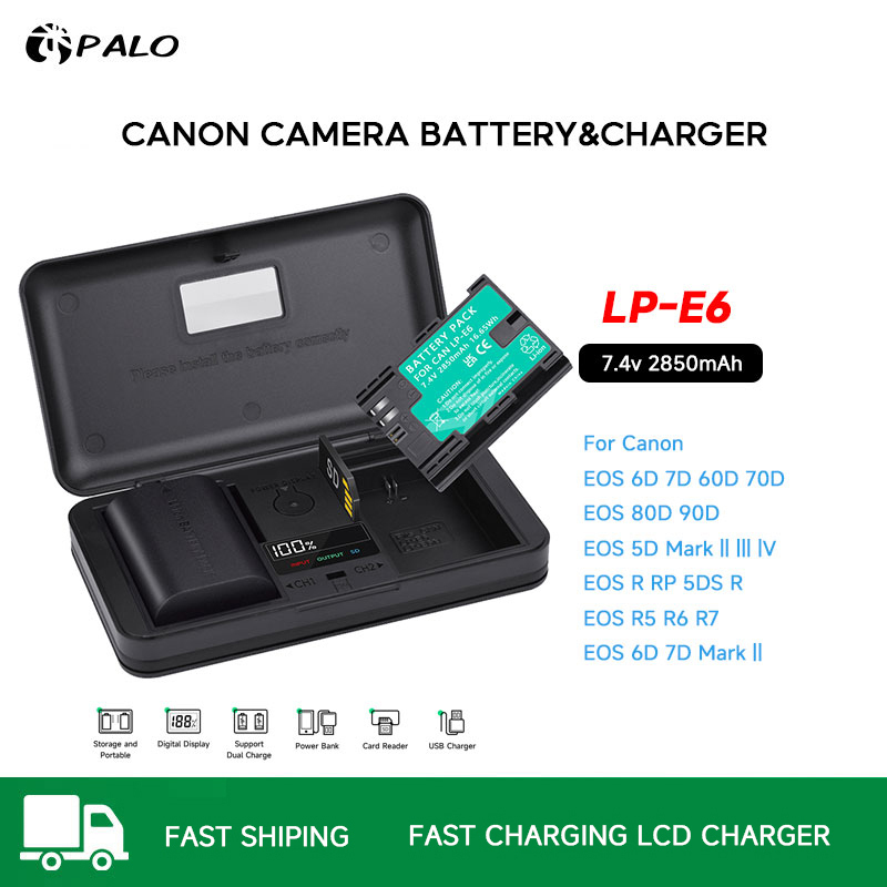 Palo LP-E6 แบตเตอรี่กล้องและมัลติฟังก์ชั่น LCD ที่ชาร์จ Canon EOS R5 R6 R7 5D 6D 7D 60D 70D 80D 90D