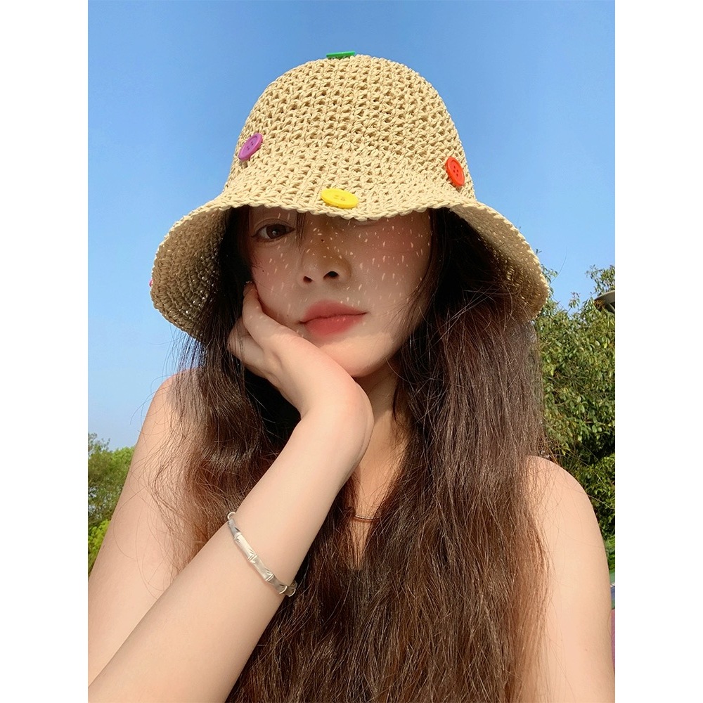หมวกฟางกันแดด แต่งกระดุมวีสดใส สำหรับผู้หญิง ปีกขนาดใหญ่สามารถกันแดดได้ 375 สินค้าอยู่ในไทย