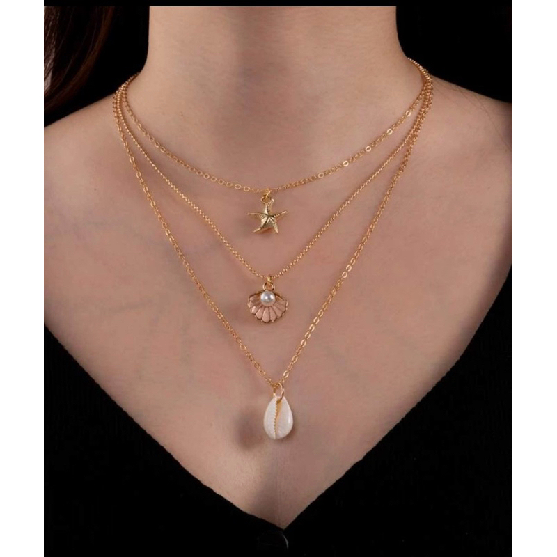 สร้อยคอสีทอง 3 เส้นตะขอเดียวกัน จี้หอย ปลาดาว หอยมุก พร้อมส่ง