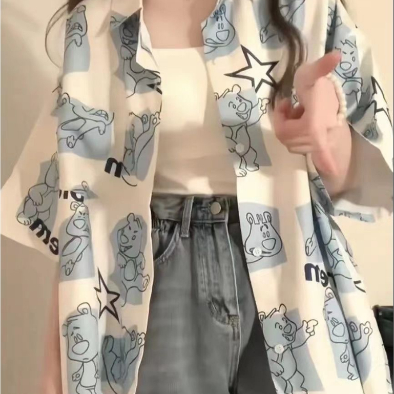 fashiongirl1688 เสื้อเชิ้ตแขนสั้น เชิ้ตลำลอง พิมพ์ลายกราฟฟิก ตัวการ์ตูน น่ารัก สไตล์เกาหลี พร้อมส่ง