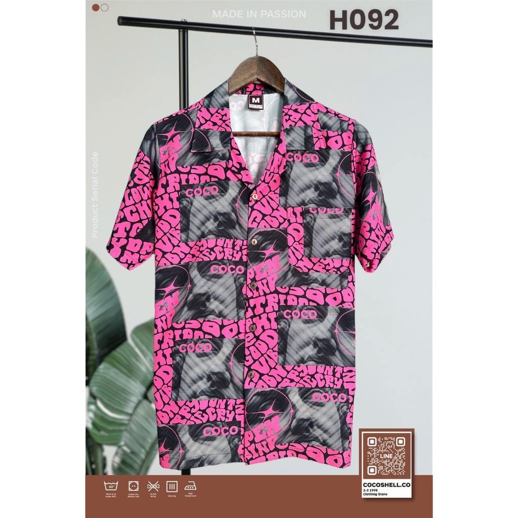 Cocoshell ลายตามหา พร้อมส่งจากไทย เสื้อฮาวาย แขนสั้น ผ้าไหมอิตาลี ลายไม่ซ้ำใคร ผ้าสีไม่ตกไม่หด ลายหน้าคนสีชมพู H092