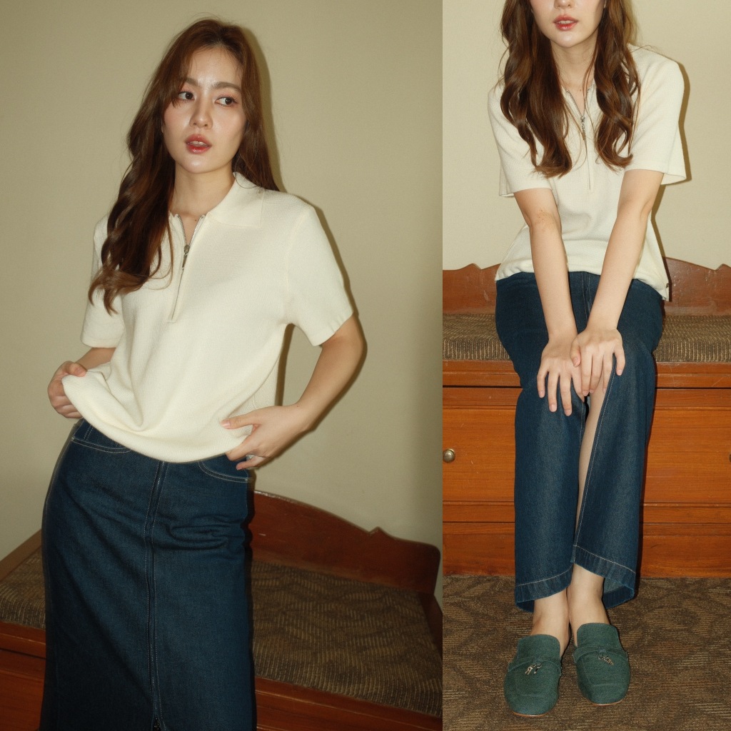 urban apparels | beurre knitted polo เสื้อโปโลผ้านิตดีเทลซิปหน้า-สี red wine หมด