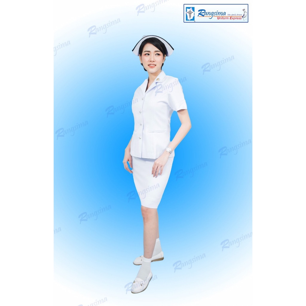 ชุดพยาบาลปกเทเลอร์แหลม (เสื้อ+กระโปรงทรงสอบ ผ่า)