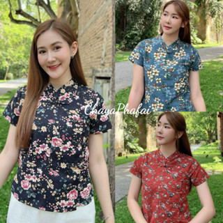 เสื้อคอจีนป้ายกระดุมขอดผ้าฝ้ายพิมพ์ลายเนื้อบางเบา