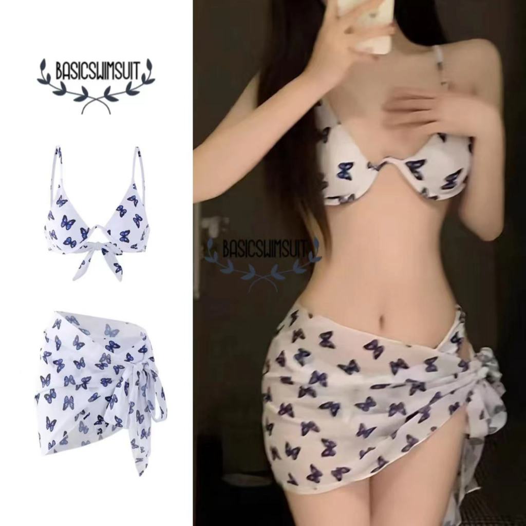 🧡Basic swimsuit💛 ชุดว่ายน้ำ3ชิ้น bikini sexy รุ่นใหม่ ลายผีเสื้อสีน้ำเงิน ผ้าเนื้อดี #0233