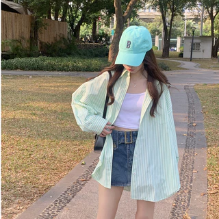 aililai1688 เสื้อเชิ้ตแขนยาว เชิ้ตลำลอง ลายริ้ว ลายทาง น่ารัก สไตล์สาวเกาเวอร์ สีสันสดใส คัลเลอร์ฟูล