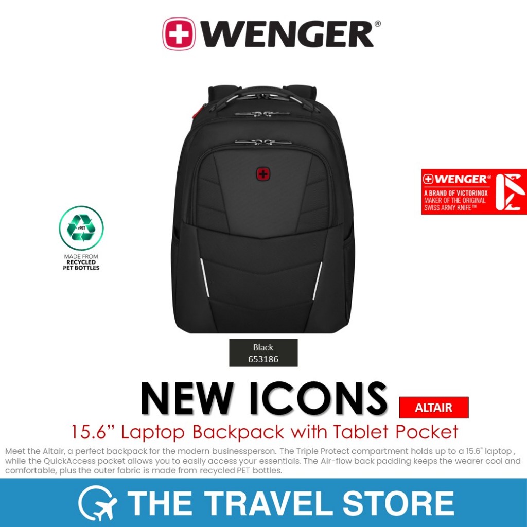 WENGER New Icons Altair Backpack Black 15.6'' Laptop Backpack with Tablet Pocket (653186) กระเป๋าเป้