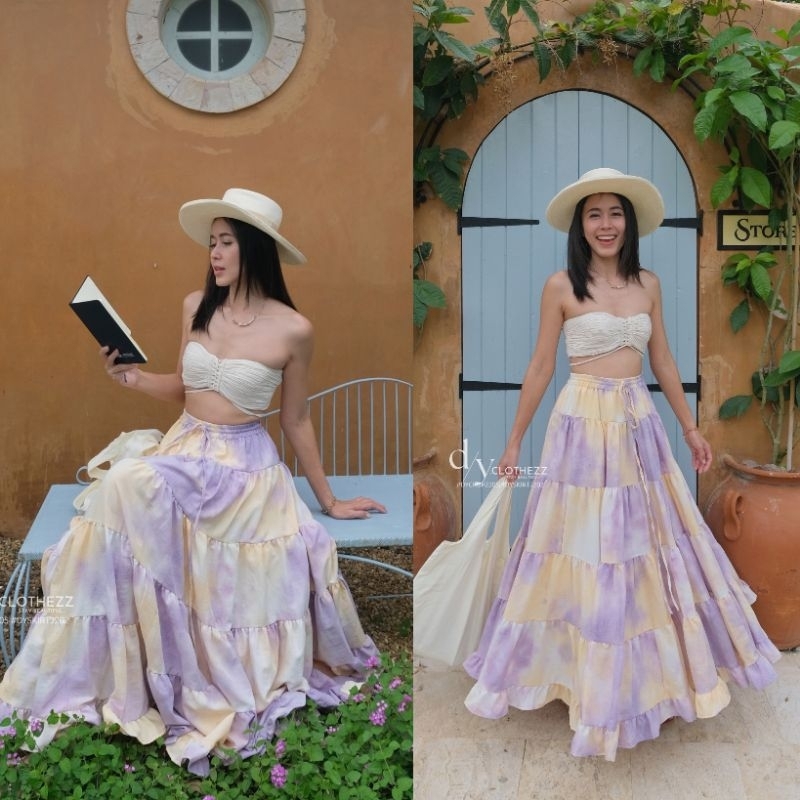 DYCROP2205/DYSKIRT2202 เสื้อเกาะอกผ้าดิบฟอกนิ่มเกรดพรีเมี่ยม กับกระโปรงมัดย้อม งานตัดมือที่ไทย Product of Thailand