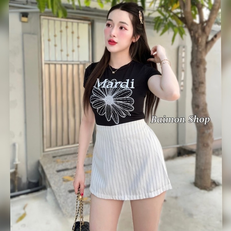 🔥aimorn_shop🔥กระโปรงกางเกงเอวสูง ทรงสวย ลายริ้ว เอวหน้าเรียบหลังสม็อคหลัง น่ารัก แมทช์ง่ายสุดๆ - รูปที่ 3