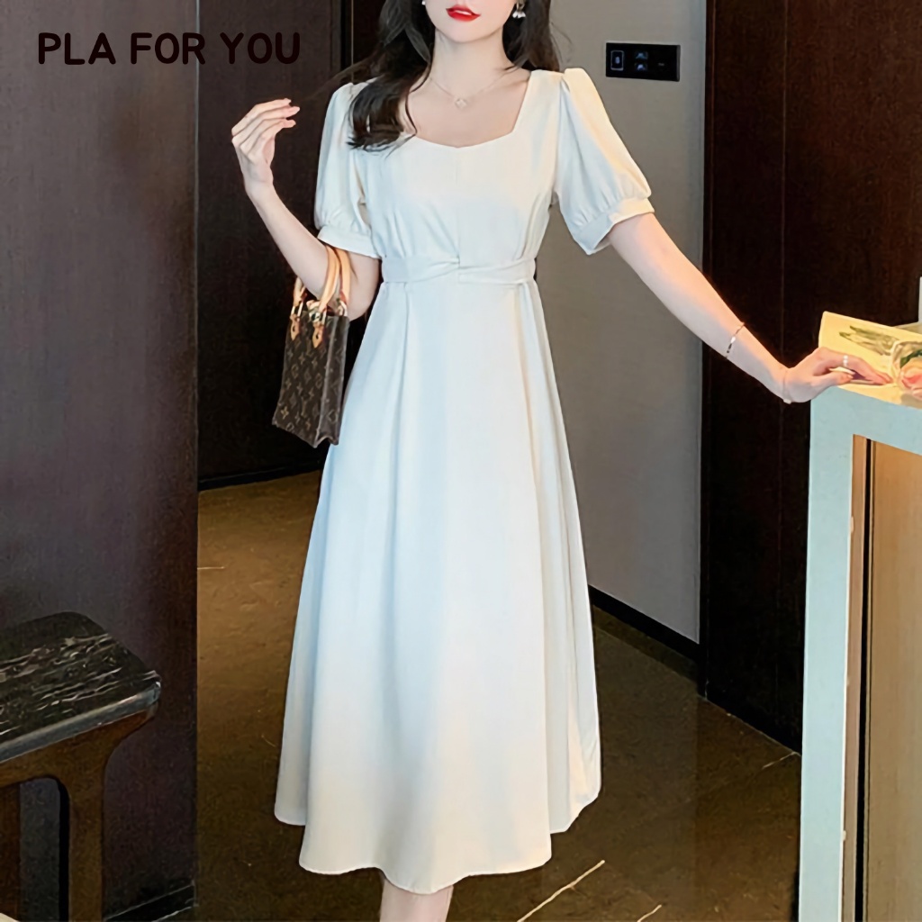 เดรสยาว เดรสแฟชั่น ดีไซน์คอเหลี่ยม ผ้านุ่ม สวมใส่สบาย ทรงเข้ารูป มีเชือกมัดเอวด้านหลัง T0008L