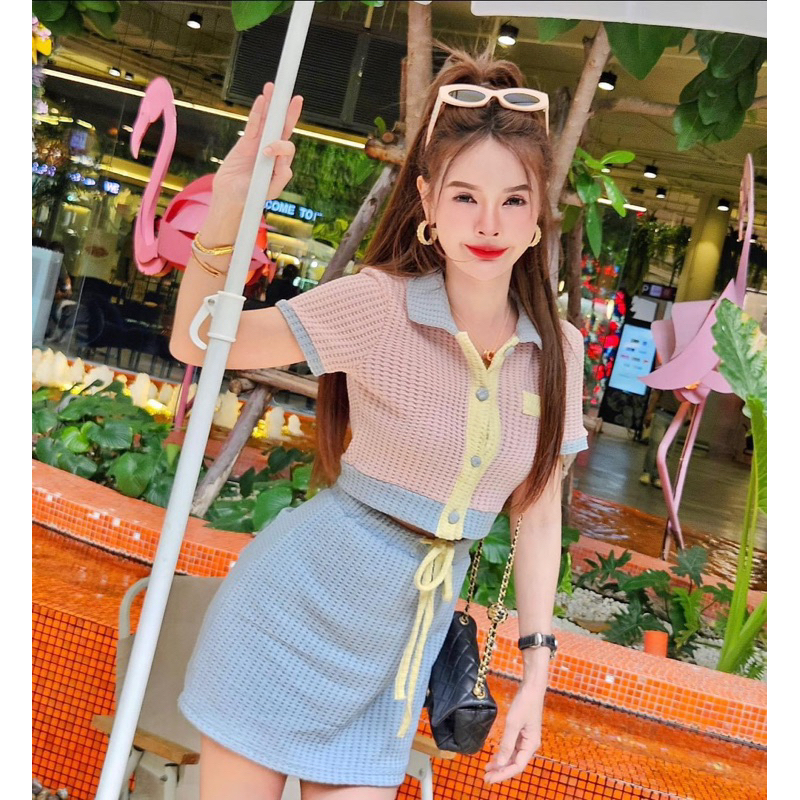 Lollipop 03 เซตเสือชมพูคอปกฟ้า+กระโปรง m/xl