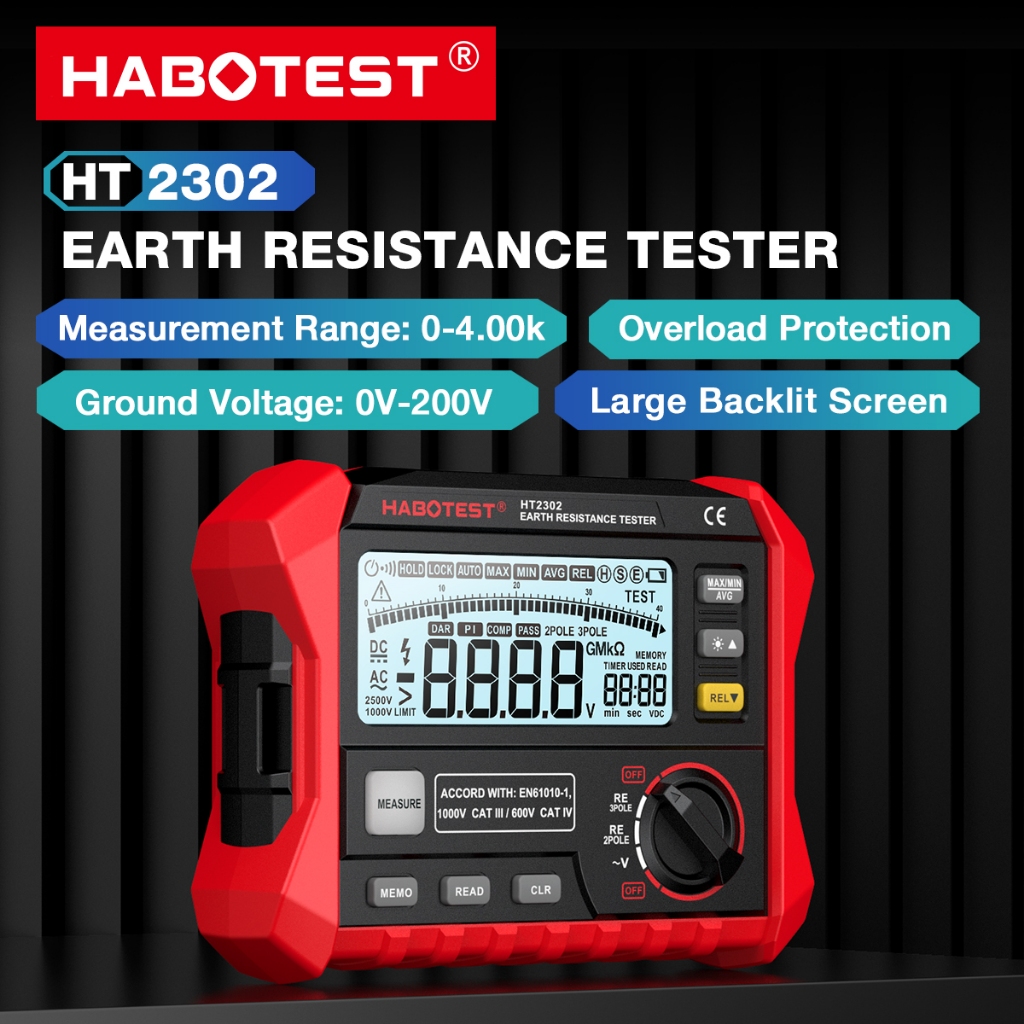 HABOTEST HT2302 Digital Earth Resistance Tester Meter 0 Ohm to 4K Ohm 100 กลุ่มจัดเก็บข้อมูลจอแสดงผล LCD พร้อมกระเป๋าถือ