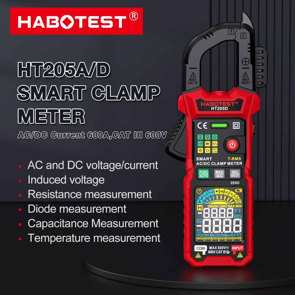 HABOTEST HT205 ดิจิตอลแคลมป์มิเตอร์ แคลมป์มิเตอร์ 600A AC/DC กระแสไฟ และ 600V AC DC ทดสอบแรงดันไฟฟ้า โอห์ม ความต่อเนื่อง