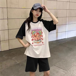 เสื้อยืดลายเท่ๆผู้หญิง สตรีทสีทูโทนม้าก oversize เสื้อผ้าสาวอวบวัยรุ่นแฟชั่น ทรงหลวม สไตล์เกาหลี เสื้อโอเวอร์ไซส์ววินเทจ