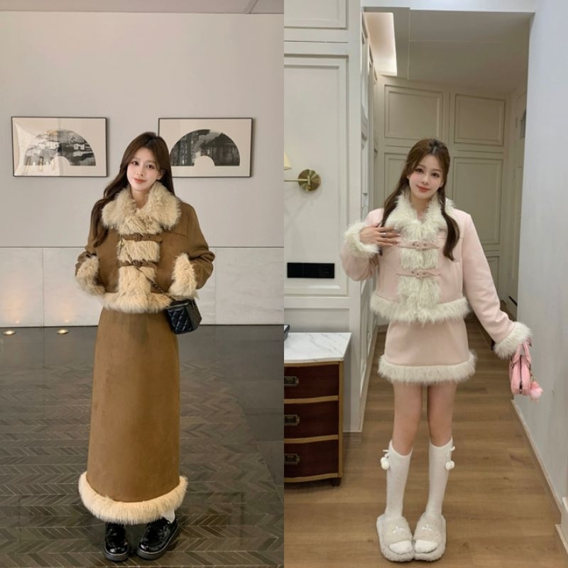 S144 ชุดเซ็ต2ชิ้น เสื้อกันหนาวกับกระโปรงสั้น/ยาว แต่งเฟอร์สีขาวครีม น่ารัก