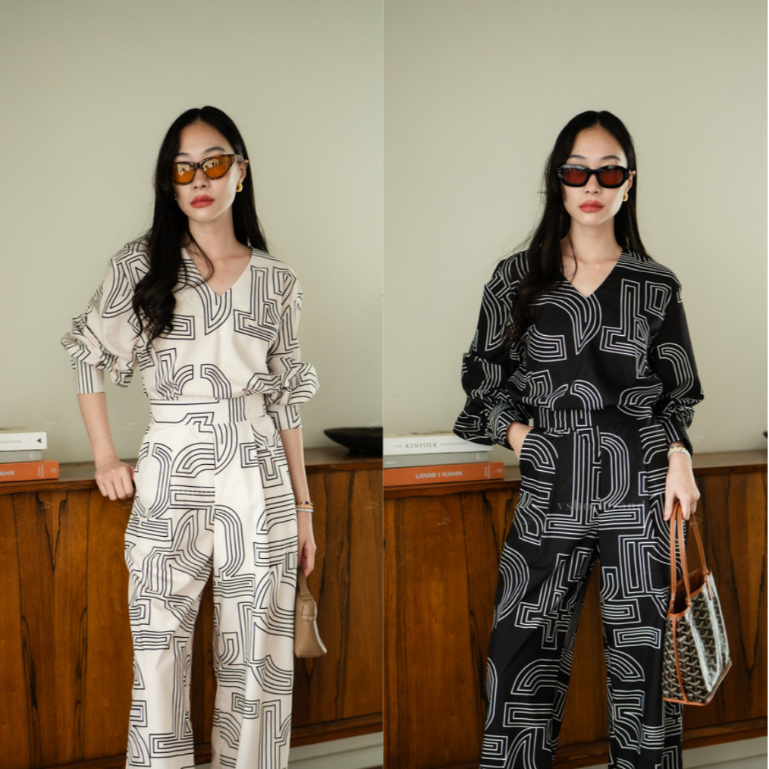 พร้อมส่ง Set เสื้อคอวีลายเขาวงกต + กก.ขายาว งานป้าย Vshop