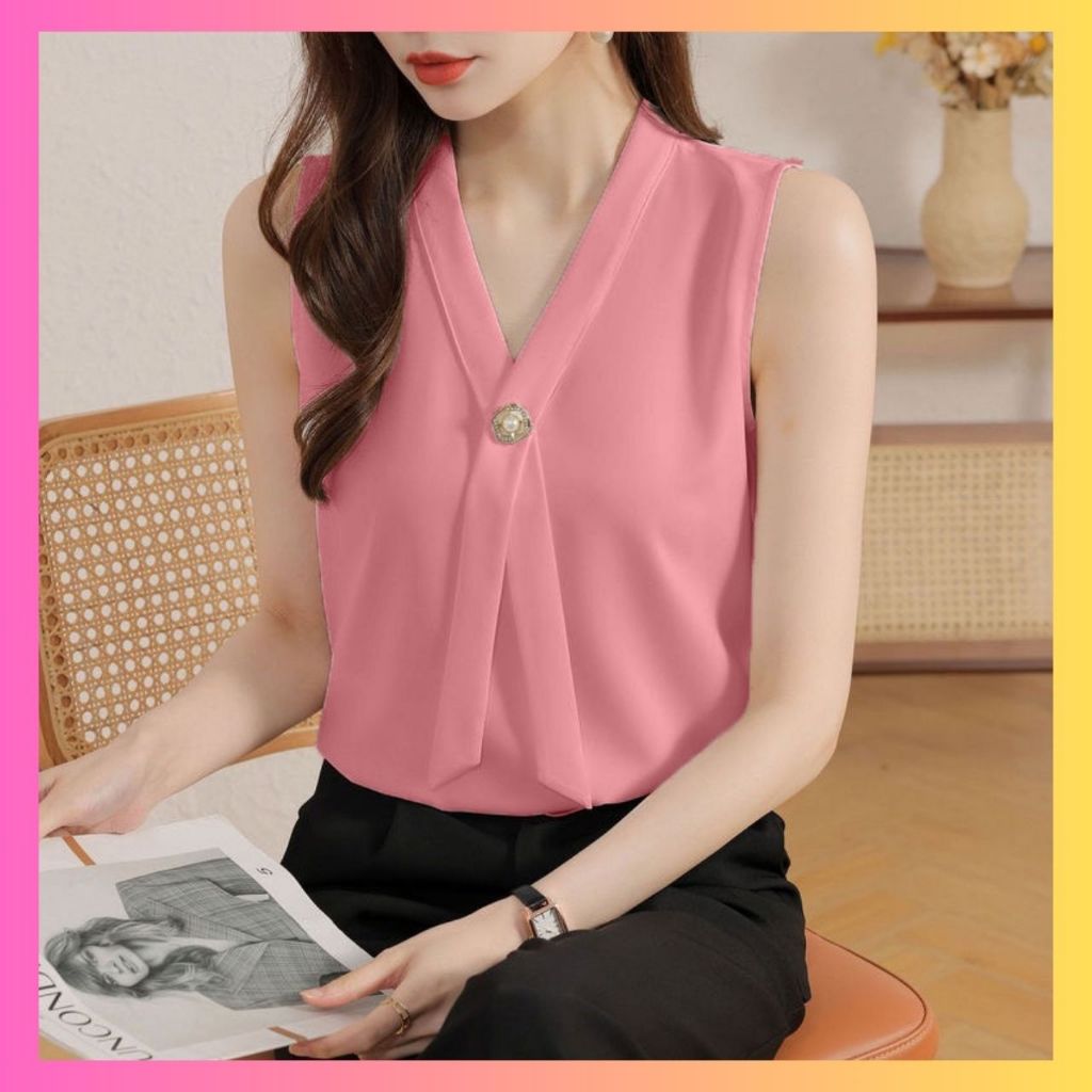 เสื้อแขนกุด คอวีแต่งสายพาดโบว์สั้น พร้อมส่งอก 32-40”