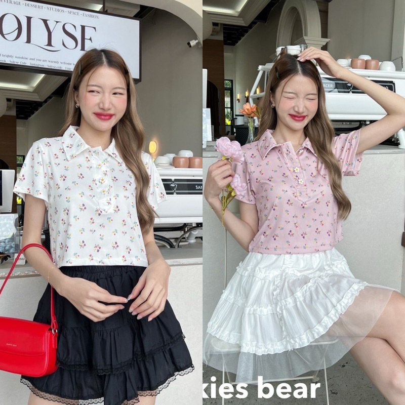 Cookies bear เสื้อเชิ้ตแขนสั้น กระดุมดอกไม้