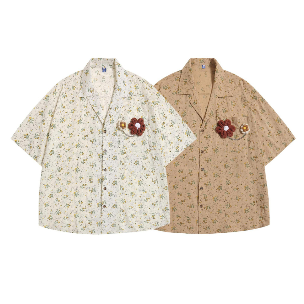 เสื้อเชิ้ตเกาหลีลายดอกแถมเข็มกลัดดอกไม้สองชิ้น Premium Korea Shirt Style