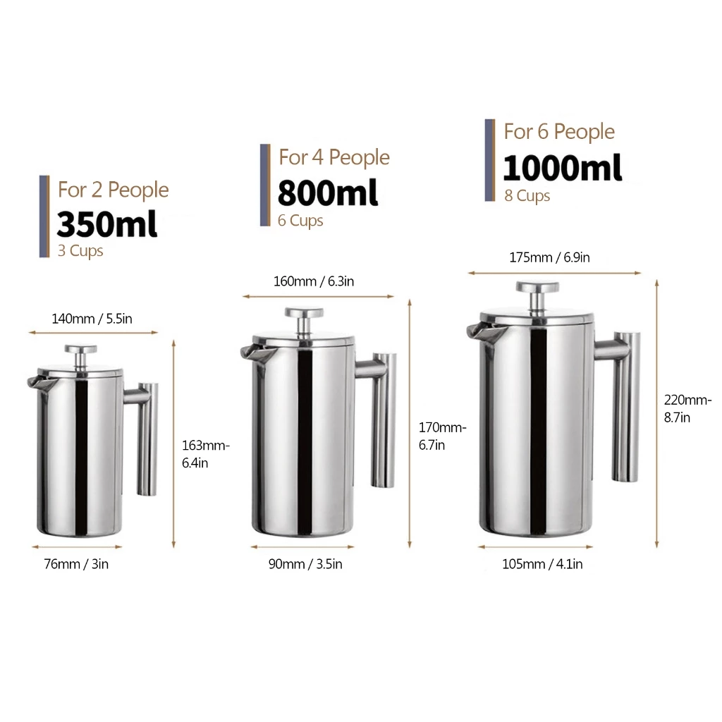 【French Press】800ml 1000ml เครื่องชงกาแฟสด เครื่องชงกาแฟ Double Wall 304 Stainless Steel Coffee Maker Tea Pot thumbnail 9