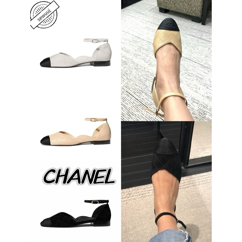 รองเท้าลำลองหัวเข็มขัดแบน CHANEL Round Toe ของแท้สำหรับผู้หญิง