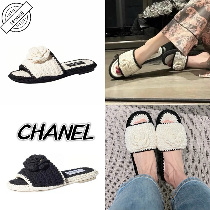 รองเท้าแตะแฟชั่นตกแต่งดอกไม้ผ้า CHANEL ของแท้สำหรับผู้หญิง