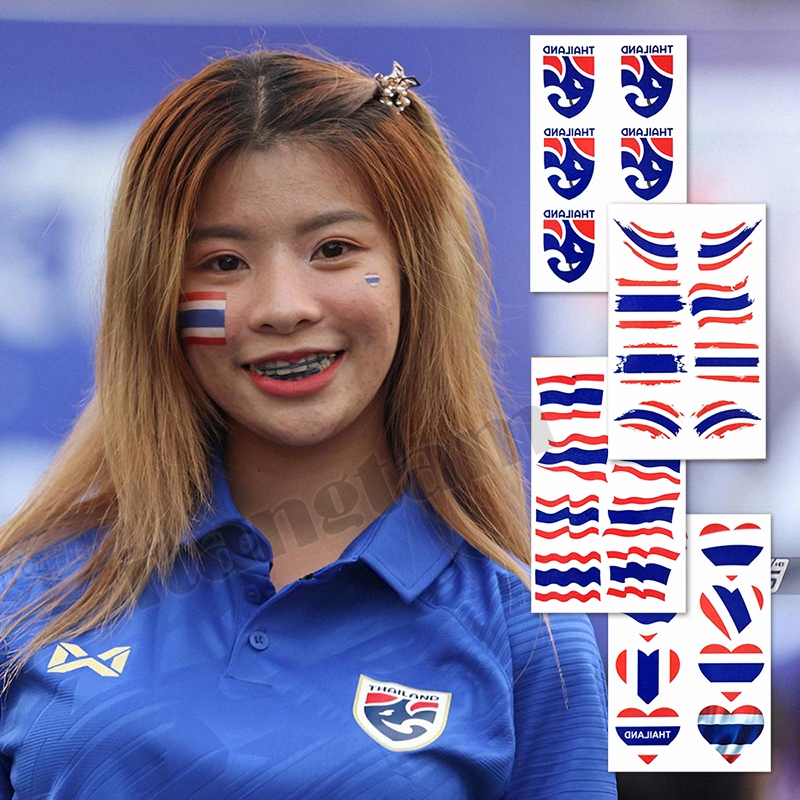 แผ่นใหญ่ สติ๊กเกอร์ แทททู ลายธงชาติไทย รอยสักปลอม 11 แบบ สำหรับ เชียร์ทีมชาติไทย / Tattoo Sticker for Cheer Thailand