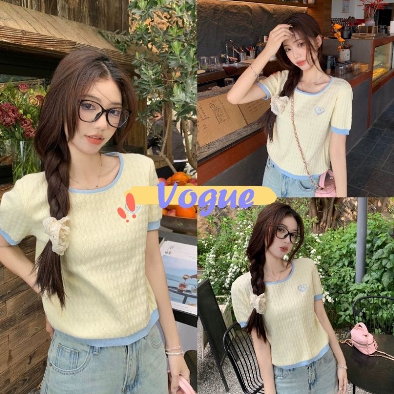 Vogue🌟พร้อมส่ง🌟 เสื้อยืดไหมพรม คอกลม แขนสั้น ดีเทลปักหัวใจที่หน้าอก (76118)