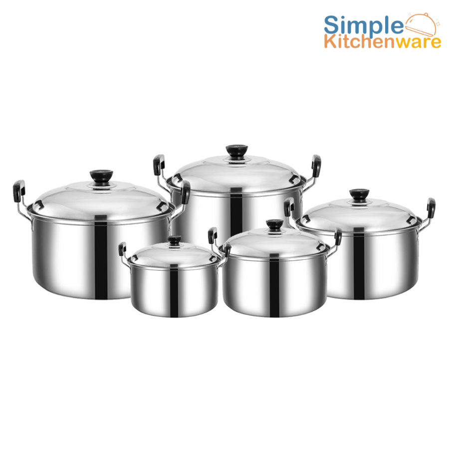 หม้อสแตนเลส หม้อต้ม Cooking Pot ชุด 5ใบ พร้อมฝาปิด ไม่เป็นสนิม ไม่มีสารปนเปื้อน Simple Kitchenware