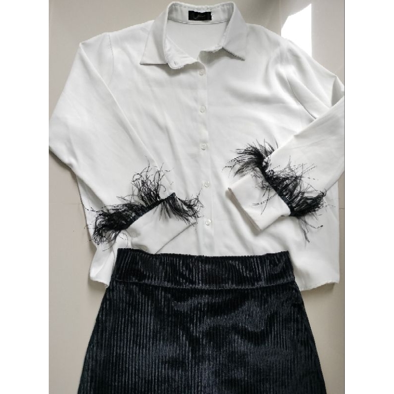 ชุด set(2ชิ้น)งานขนนก#งานป้าย JIDAPA Style (จิดาภา)/size XL(ตำหนิรอยเปื้อนตรงเสื้อตามรูป 2 จุด เรื่อ