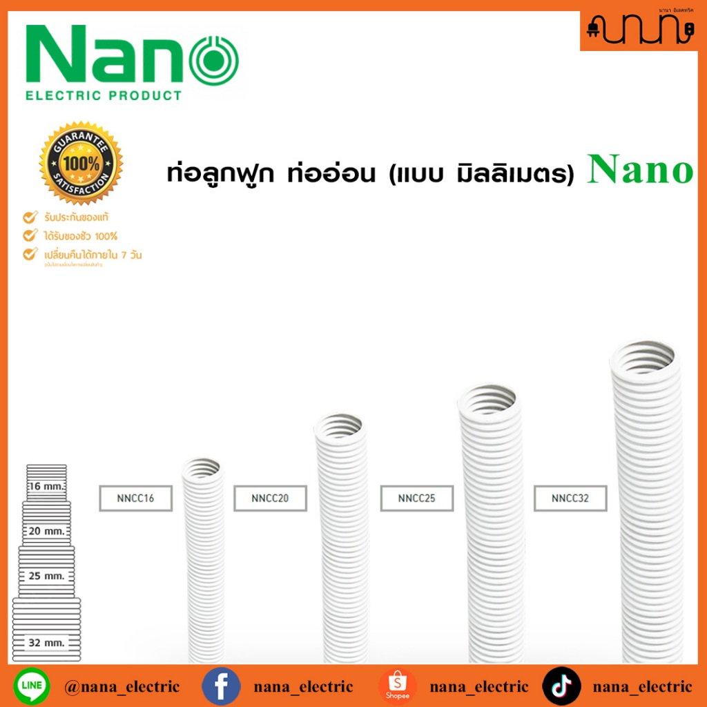 (แบ่งตัด 1 เมตร) ท่อลูกฟูก ท่ออ่อน Nano ท่ออ่อนลายลูกฟูกพีวีซี แท้ % สีขาว 16,20,25,32มม.