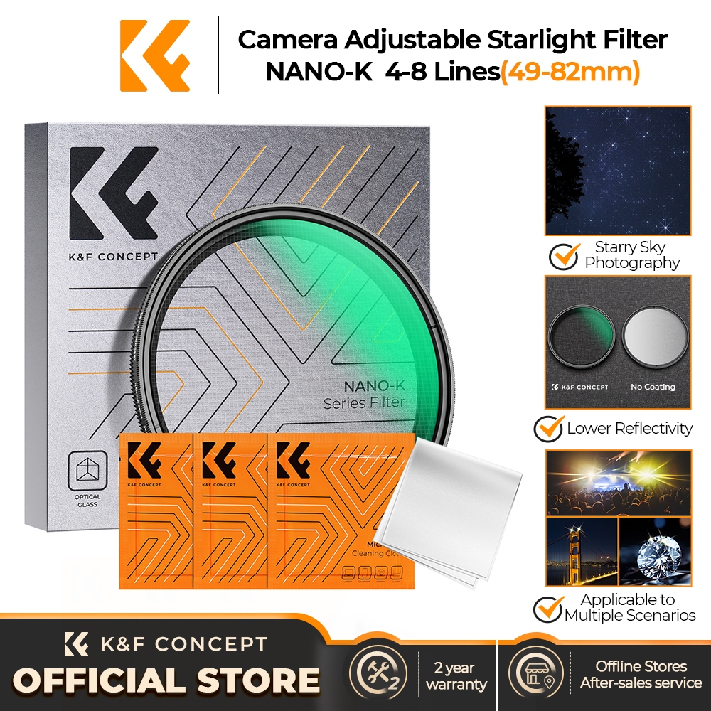 K&F CONCEPT Adjustable Star Filter 4-8 เส้น ကြယ်ရောင် အထူးဖန်/မှန်ဖလင် (ပါးလွှာ) + သန့်ရှင်းရေးအဝတ် 3 စောင်