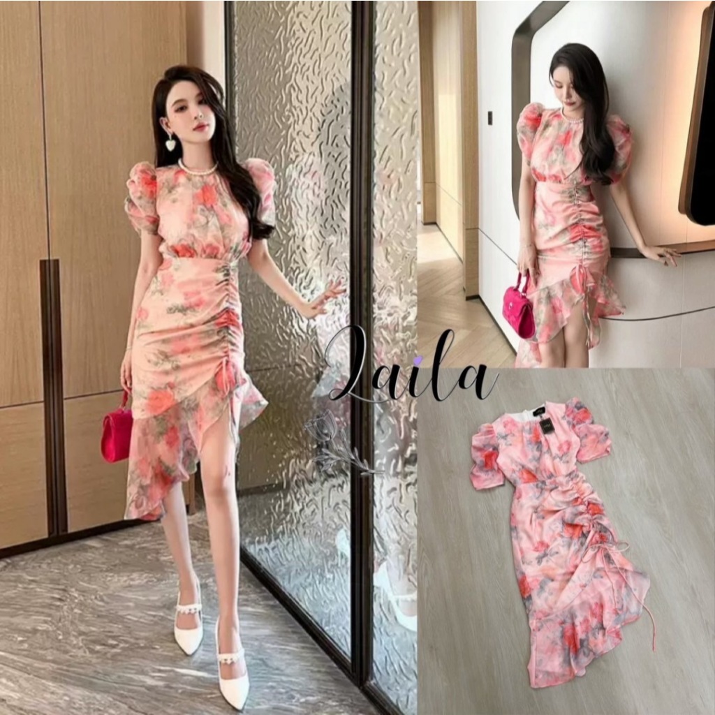 LAILA BRAND LL325 ชุดเดรสงานลายดอกไม้โทนสีชมพู