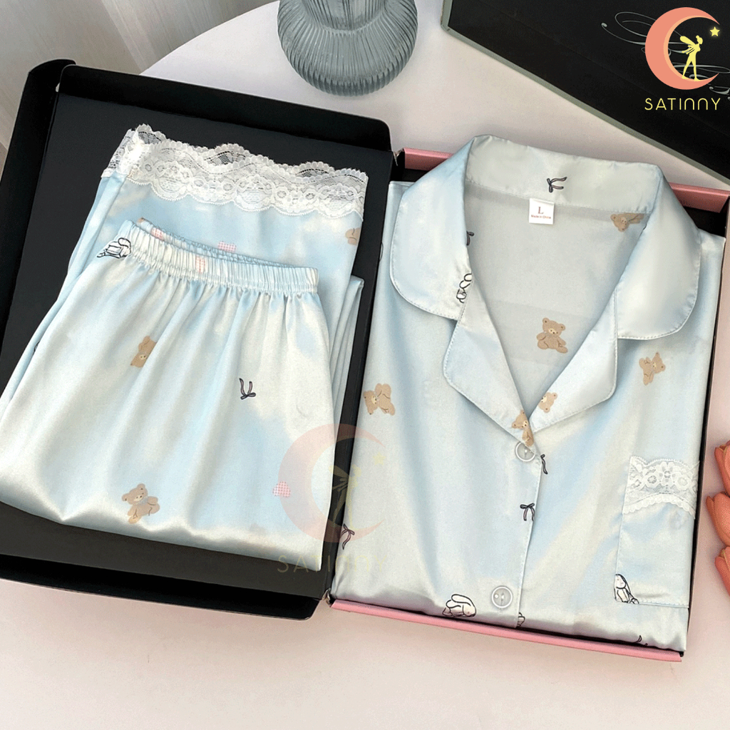 ชุดนอนSatinny แขนสั้น+ขายาวAA5แฟชั่นสําหรับผู้หญิง เรียบหรู เนื้อผ้าดี น่ารักมินิมอล งานสวย เจ้าหญิงใส่ระบายอากาศแฟชั่น