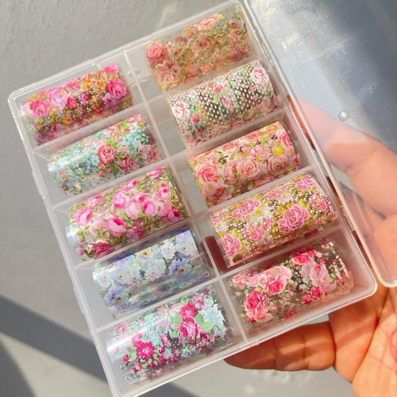 พร้อมส่ง ฟอยล์ลอกลายติดเล็บลายกุหลาบ1กล่อง10ลาย