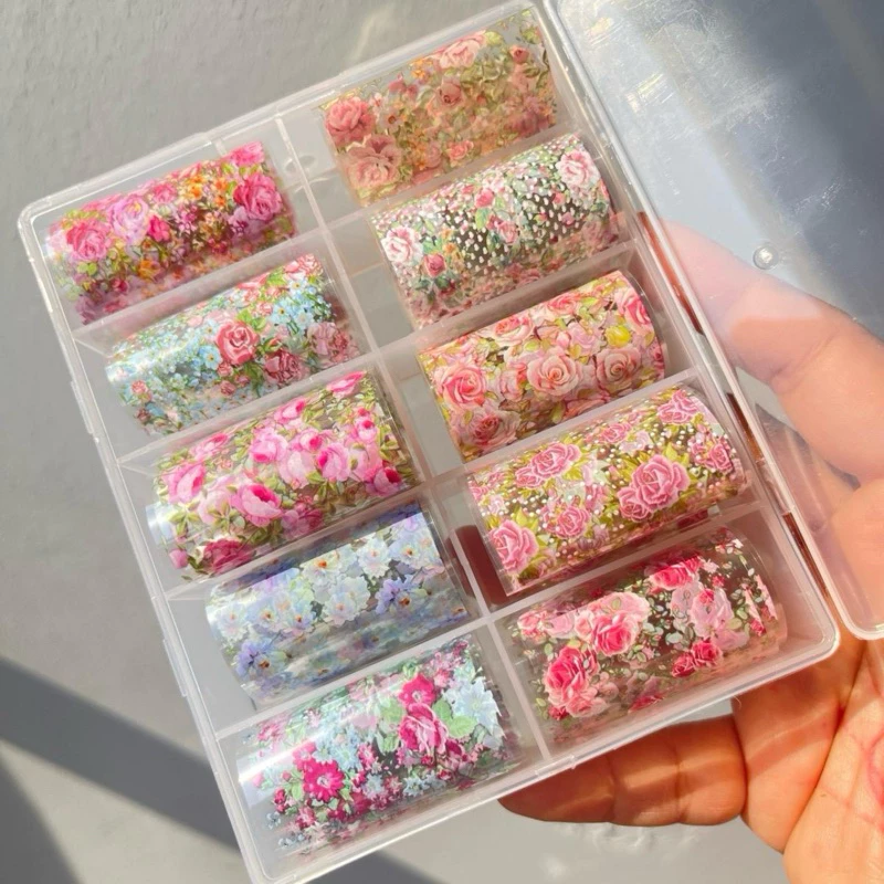 🌈พร้อมส่ง🌈ฟอยล์ลอกลายติดเล็บลายกุหลาบ1กล่อง10ลาย