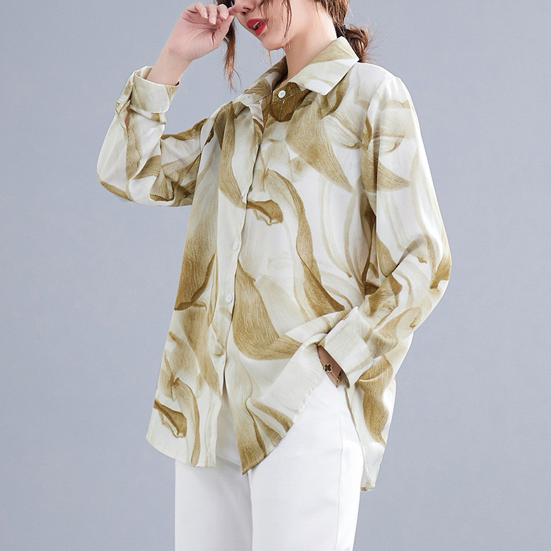 F32 เสื้อเชิ้ตแขนยายลายหินอ่อนเทา เนื้อผ้าชีฟองเกรดพรีเมี่ยม