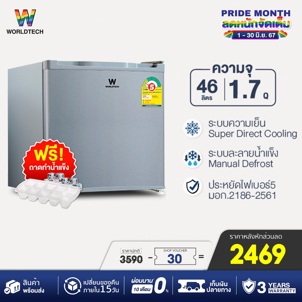 (ใช้โค้ดลดเพิ่ม) Worldtech ตู้เย็นมินิบาร์ 1.7คิว ความจุ 46 ลิตร รุ่น WT-MB48 มินิ มีมอก ประหยัดไฟเบอร์ 5 รับประกัน 3 ปี