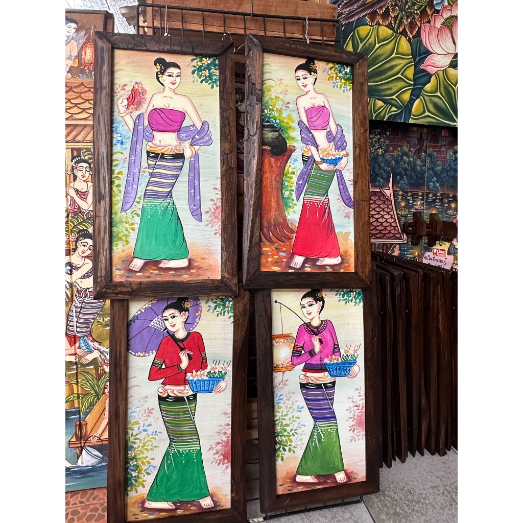 ภาพวาด 25x48 cmวินเทจ กรอบรูป ไม้สัก ภาพเพ้นท์  สไตล์ล้านนา แขวนผนัง