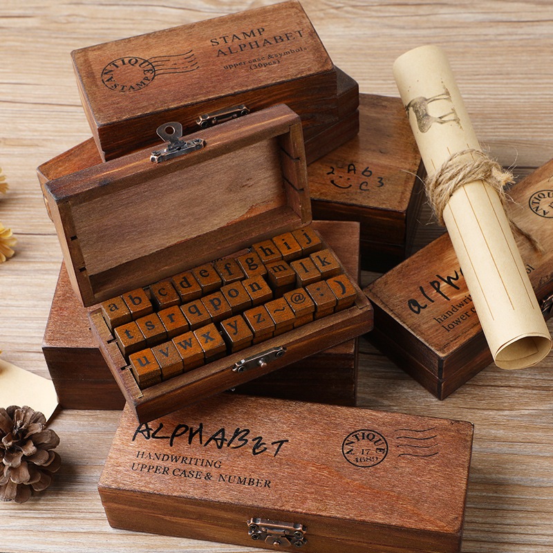ตัวปั้ม ตัวปั้มไดอารี่ (Antique stamp) ตรายางตัวอักษรภาษาอังกฤษ สแตมป์ยาง กล่องไม้เซ็ตตัวปั๊มตัวอักษร Stamp ชุดตรายาง