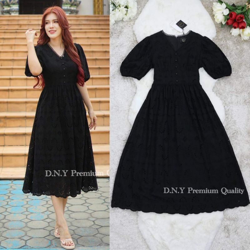 เดรสดำออกงาน!!! M-6XL Maxi Dress เดรสสีดำผ้าฉลุลายแขนพอง งานป้าย DNY