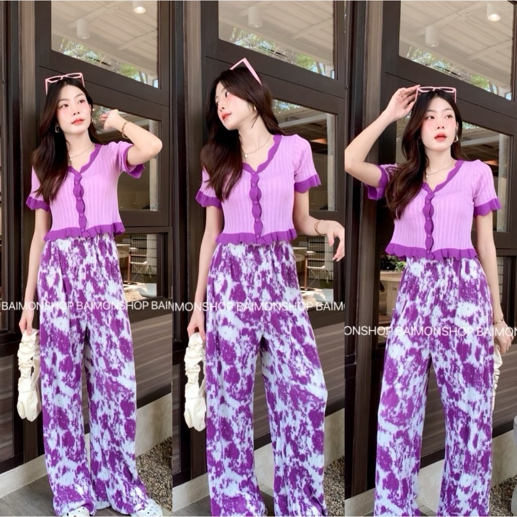 ชุดเซ็ท 2 ชิ้น เสื้อไหมพรม กางเกงพลีทขายาว (แยกขายได้) ชุดเซ็ทสาวอวบ สีม่วง น่ารักๆ งานกางเกงพลีทสวยๆ ใส่สบาย