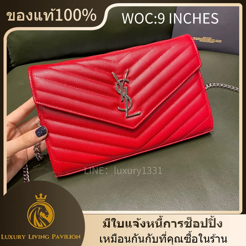 👜ซื้อในฝรั่งเศส Yves saint Laurent YSL WOC9 INCHES CASSANDRE คาเวียร์ กระเป๋าโซ่ สีแดง（การรับประกัน 