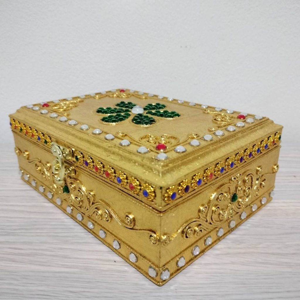 กล่องใส่เครื่องประดับ ทอง สี่เหลี่ยมผืนผ้า ย 18 Xก13X ส6 ½ cmหีบไม้ ใส่พระ วินเทจกล่องไม้กล่องใส่ทอง