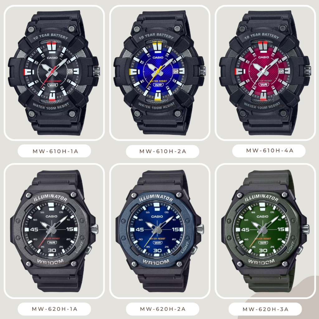 CASIO นาฬิกาข้อมือผู้ชาย สายเรซิ่น รุ่น MW-610H MW-620H ,MW-610H-1A,MW-610H-2A,MW-610H-4A MW-620H-1A