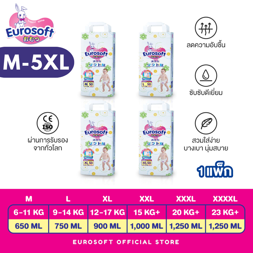 Eurosoft 1 แพ็ค พร้อมส่ง (Size M - 5XL) กางเกงผ้าอ้อม ผ้าอ้อมเด็กสำเร็จรูป แพมเพิส นุ่ม บางพิเศษ
